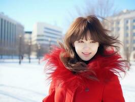 mujer disfruta en el invierno día en emocional juguetón actitud ai generativo foto