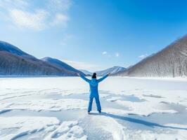 Woman enjoys in the winter day in emotional playful pose AI Generative photo