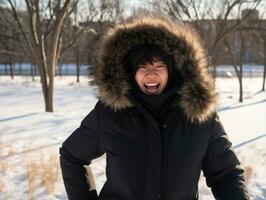 mujer disfruta en el invierno día en emocional juguetón actitud ai generativo foto