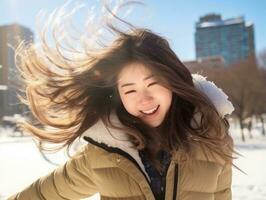 Woman enjoys in the winter day in emotional playful pose AI Generative photo