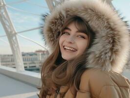 Woman enjoys in the winter day in emotional playful pose AI Generative photo