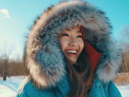 Woman enjoys in the winter day in emotional playful pose AI Generative photo