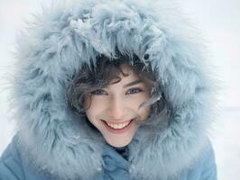 Woman enjoys in the winter day in emotional playful pose AI Generative photo