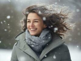 Woman enjoys in the winter day in emotional playful pose AI Generative photo