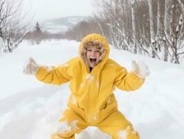 mujer disfruta en el invierno día en emocional juguetón actitud ai generativo foto