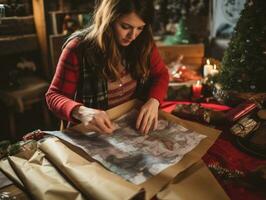 Woman wrapping presents with holiday themed wrapping paper AI Generative photo