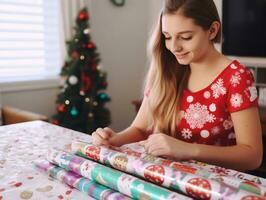 Woman wrapping presents with holiday themed wrapping paper AI Generative photo