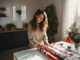 Woman wrapping presents with holiday themed wrapping paper AI Generative photo