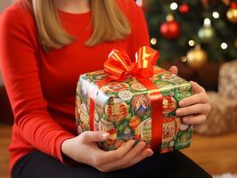 Woman wrapping presents with holiday themed wrapping paper AI Generative photo