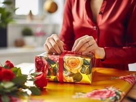 mujer envase regalos con fiesta temática envase papel ai generativo foto