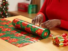 Woman wrapping presents with holiday themed wrapping paper AI Generative photo