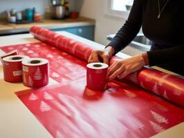 Woman wrapping presents with holiday themed wrapping paper AI Generative photo