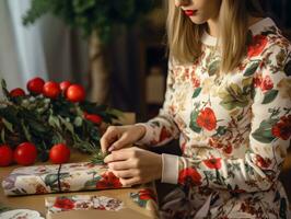 Woman wrapping presents with holiday themed wrapping paper AI Generative photo