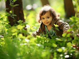 Adorable baby exploring the nature AI Generative photo