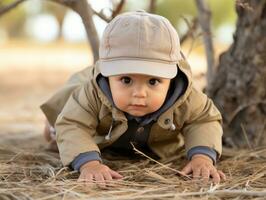 Adorable baby exploring the nature AI Generative photo