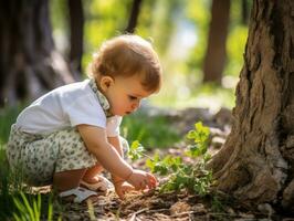 Adorable baby exploring the nature AI Generative photo