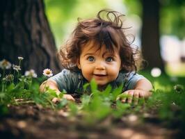 Adorable baby exploring the nature AI Generative photo