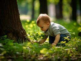 Adorable baby exploring the nature AI Generative photo