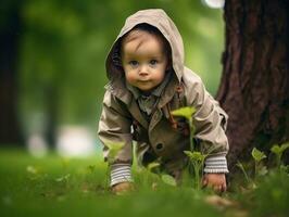 Adorable baby exploring the nature AI Generative photo