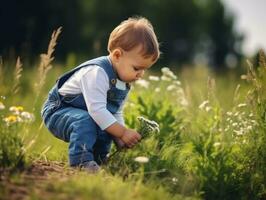 Adorable baby exploring the nature AI Generative photo