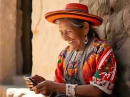 antiguo mujer desde Colombia utilizando un teléfono inteligente para en línea comunicación ai generativo foto