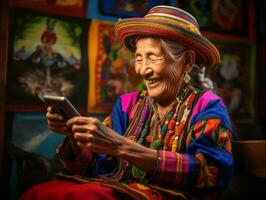 old woman from Colombia using a smartphone for online communication AI Generative photo