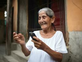 old woman from Colombia using a smartphone for online communication AI Generative photo