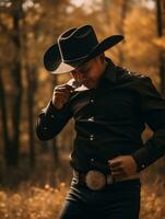 photo of emotional dynamic pose Mexican man in autumn AI Generative