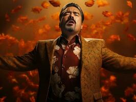 photo of emotional dynamic pose Mexican man in autumn AI Generative
