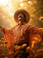 photo of emotional dynamic pose Mexican man in autumn AI Generative