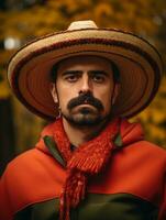 photo of emotional dynamic pose Mexican man in autumn AI Generative