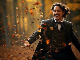 photo of emotional dynamic pose Mexican man in autumn AI Generative