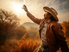 photo of emotional dynamic pose Mexican man in autumn AI Generative