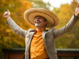photo of emotional dynamic pose Mexican man in autumn AI Generative