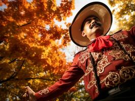 photo of emotional dynamic pose Mexican man in autumn AI Generative