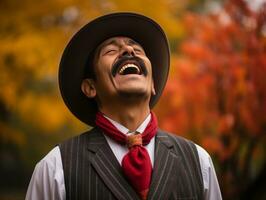 photo of emotional dynamic pose Mexican man in autumn AI Generative