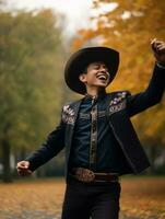 photo of emotional dynamic pose Mexican man in autumn AI Generative