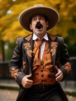 photo of emotional dynamic pose Mexican man in autumn AI Generative