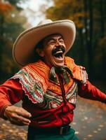 photo of emotional dynamic pose Mexican man in autumn AI Generative