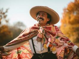 photo of emotional dynamic pose Mexican man in autumn AI Generative