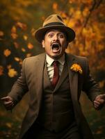 photo of emotional dynamic pose Mexican man in autumn AI Generative