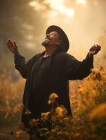 photo of emotional dynamic pose Mexican man in autumn AI Generative