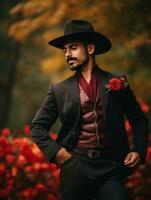 photo of emotional dynamic pose Mexican man in autumn AI Generative