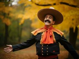 photo of emotional dynamic pose Mexican man in autumn AI Generative