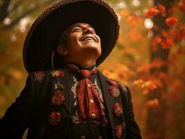 photo of emotional dynamic pose Mexican man in autumn AI Generative