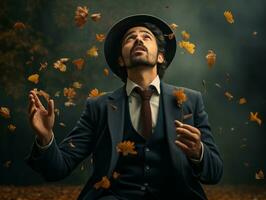 photo of emotional dynamic pose Mexican man in autumn AI Generative