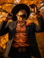 photo of emotional dynamic pose Mexican man in autumn AI Generative