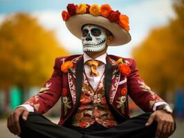 photo of emotional dynamic pose Mexican man in autumn AI Generative