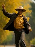 photo of emotional dynamic pose Mexican man in autumn AI Generative