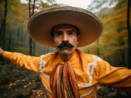 photo of emotional dynamic pose Mexican man in autumn AI Generative